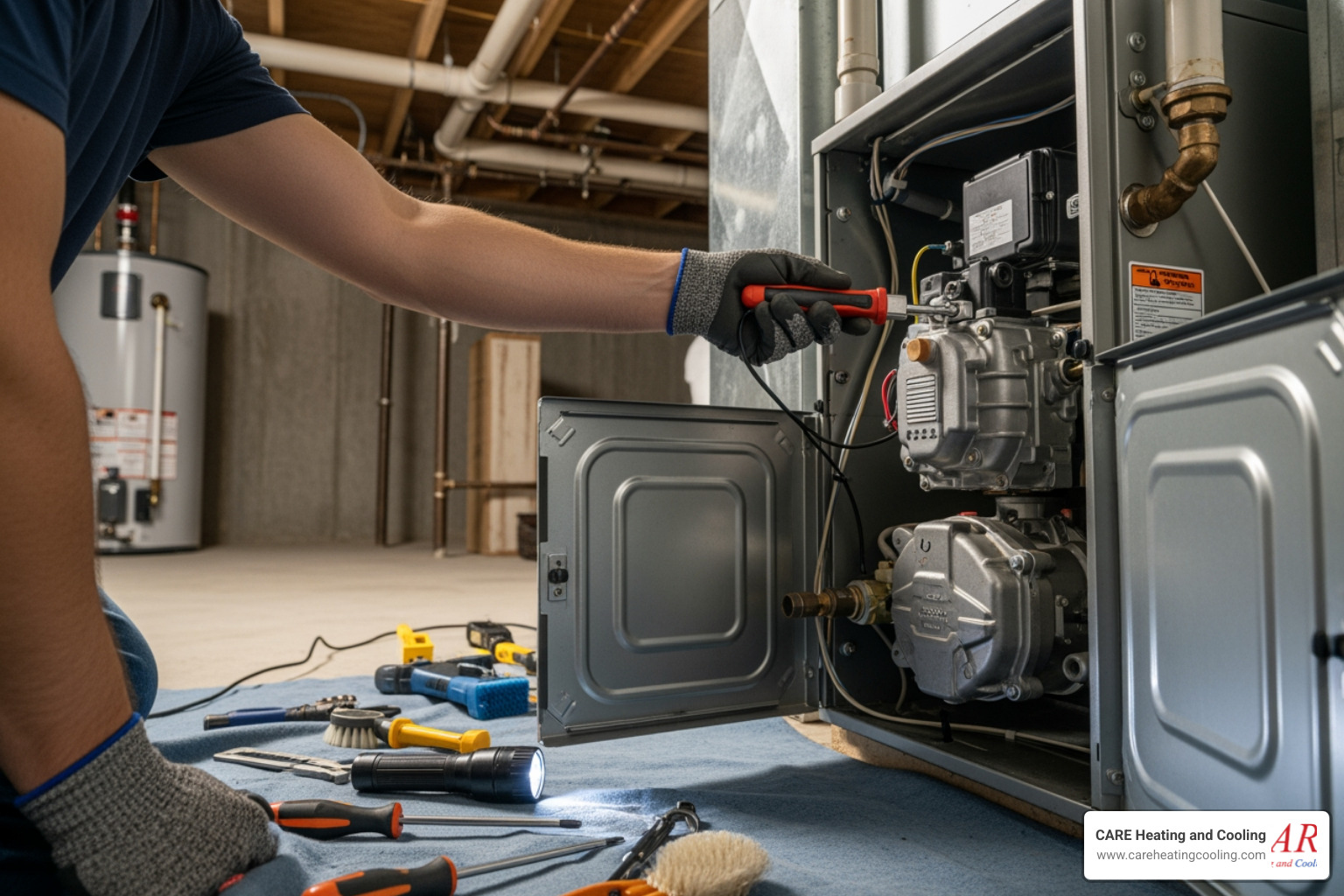 Technician performing furnace maintenance - furnace contractors westerville Technician performing furnace maintenance - furnace contractors westerville