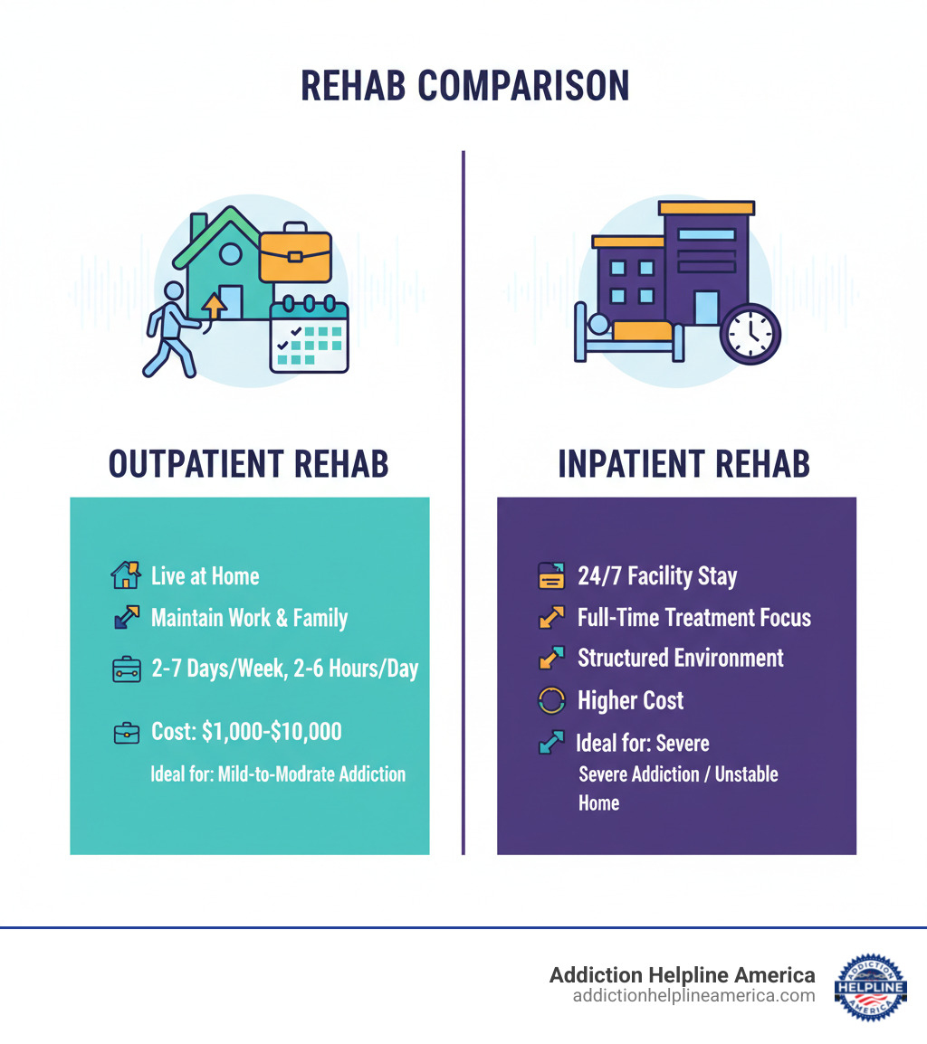 Infographic comparing outpatient and inpatient rehab: Outpatient allows you to live at home, maintain work and family responsibilities, attend treatment sessions 2-7 days per week for 2-6 hours, costs $1,000-$10,000, ideal for mild-to-moderate addiction; Inpatient requires 24/7 facility stay, full-time treatment focus, structured residential environment, higher cost, ideal for severe addiction or unstable home environment - Outpatient rehab Indiana infographic Infographic comparing outpatient and inpatient rehab: Outpatient allows you to live at home, maintain work and family responsibilities, attend treatment sessions 2-7 days per week for 2-6 hours, costs $1,000-$10,000, ideal for mild-to-moderate addiction; Inpatient requires 24/7 facility stay, full-time treatment focus, structured residential environment, higher cost, ideal for severe addiction or unstable home environment - Outpatient rehab Indiana infographic