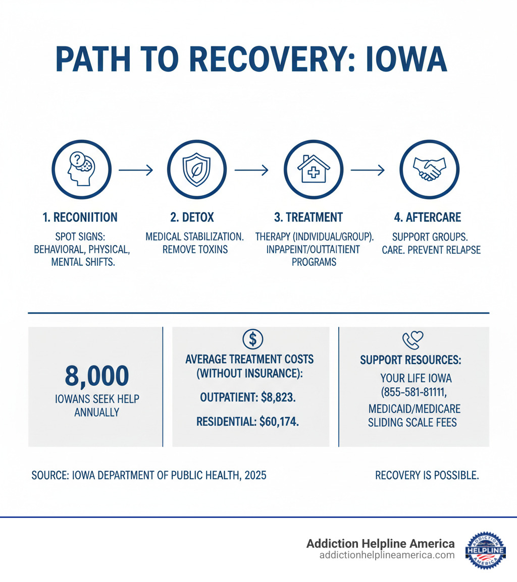 infographic showing the path from recognizing addiction signs through detox, treatment, and aftercare in Iowa, including key statistics: 8,000 Iowans seek help annually, average treatment costs, and available support resources - Drug rehab Iowa infographic infographic showing the path from recognizing addiction signs through detox, treatment, and aftercare in Iowa, including key statistics: 8,000 Iowans seek help annually, average treatment costs, and available support resources - Drug rehab Iowa infographic