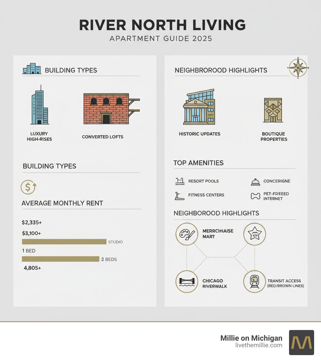 Infographic showing River North apartment building types: luxury high-rises with modern glass facades, converted warehouse lofts with exposed brick, historic buildings with contemporary updates, and boutique properties. Includes average rent by bedroom count, top amenities like pools and fitness centers, and neighborhood highlights including Gallery District, Merchandise Mart, Chicago Riverwalk, and transit access via Red and Brown Lines - River North apartment buildings infographic 
