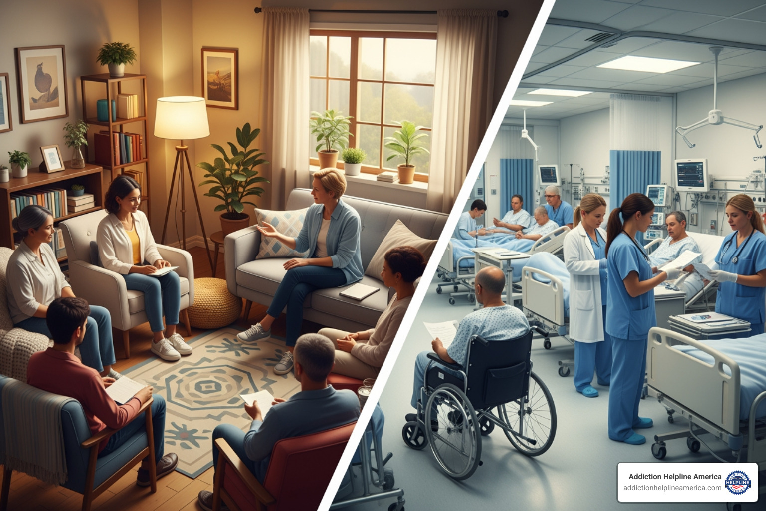 Illustration depicting a side-by-side comparison of a cozy, home-like outpatient setting with individuals in group therapy, and a structured, clinical inpatient setting with medical staff overseeing patients. - drug rehab centers in baltimore Illustration depicting a side-by-side comparison of a cozy, home-like outpatient setting with individuals in group therapy, and a structured, clinical inpatient setting with medical staff overseeing patients. - drug rehab centers in baltimore