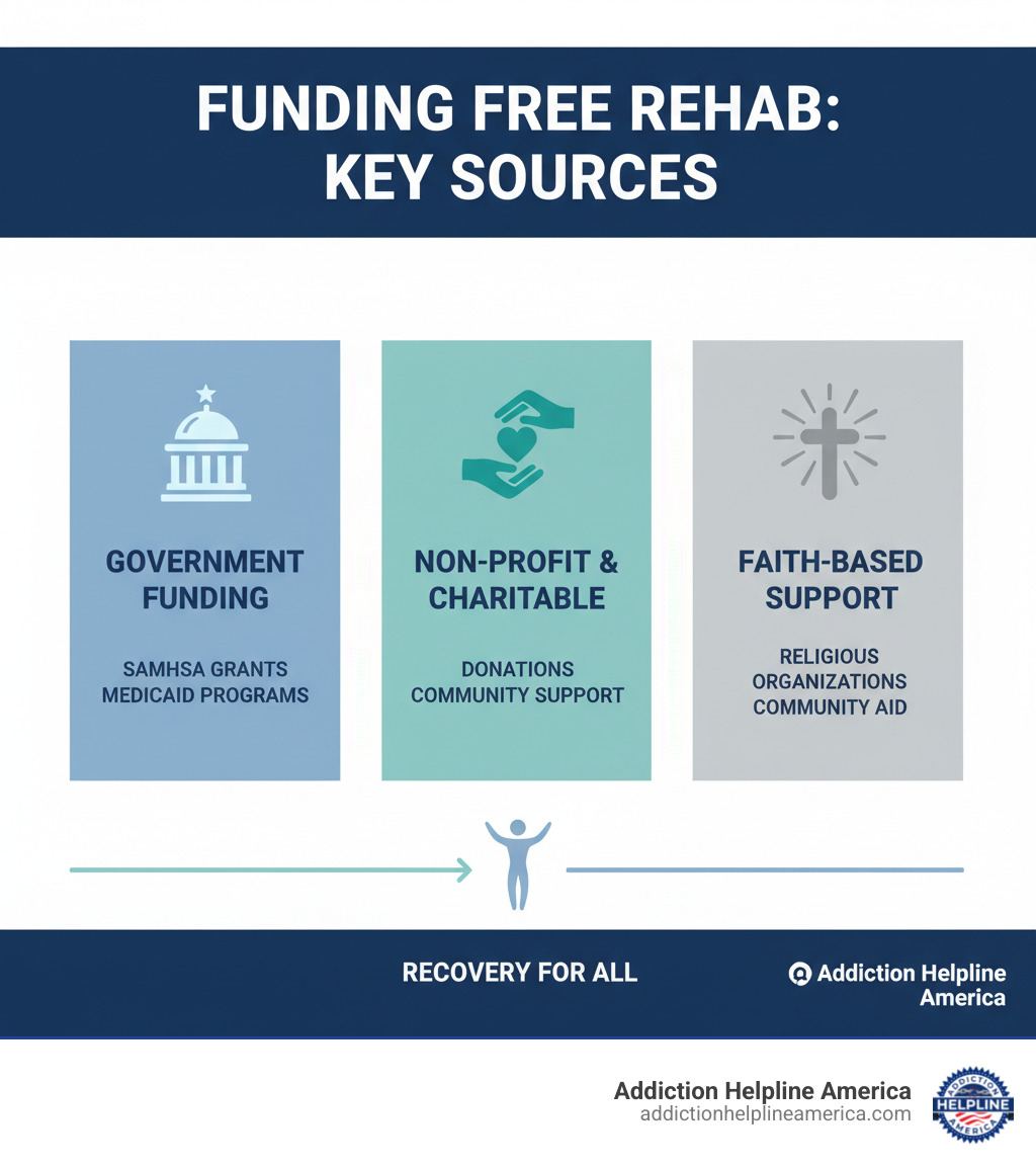 infographic showing three main funding sources for free rehab centers: state and federal government funding through SAMHSA grants and Medicaid programs, non-profit organization donations and charitable contributions, and faith-based community support and religious organization funding - free drug abuse rehab centers infographic 