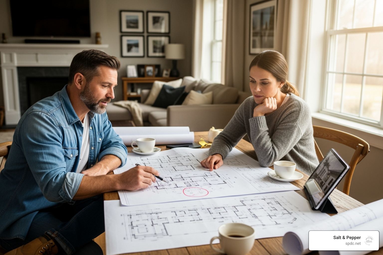Contractor reviewing blueprints with a homeowner - house renovation contractor Contractor reviewing blueprints with a homeowner - house renovation contractor
