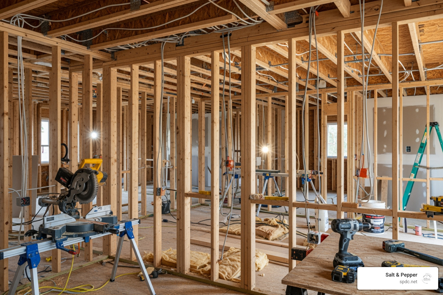 Construction site mid-renovation showing framing and electrical work - house renovation contractor Construction site mid-renovation showing framing and electrical work - house renovation contractor