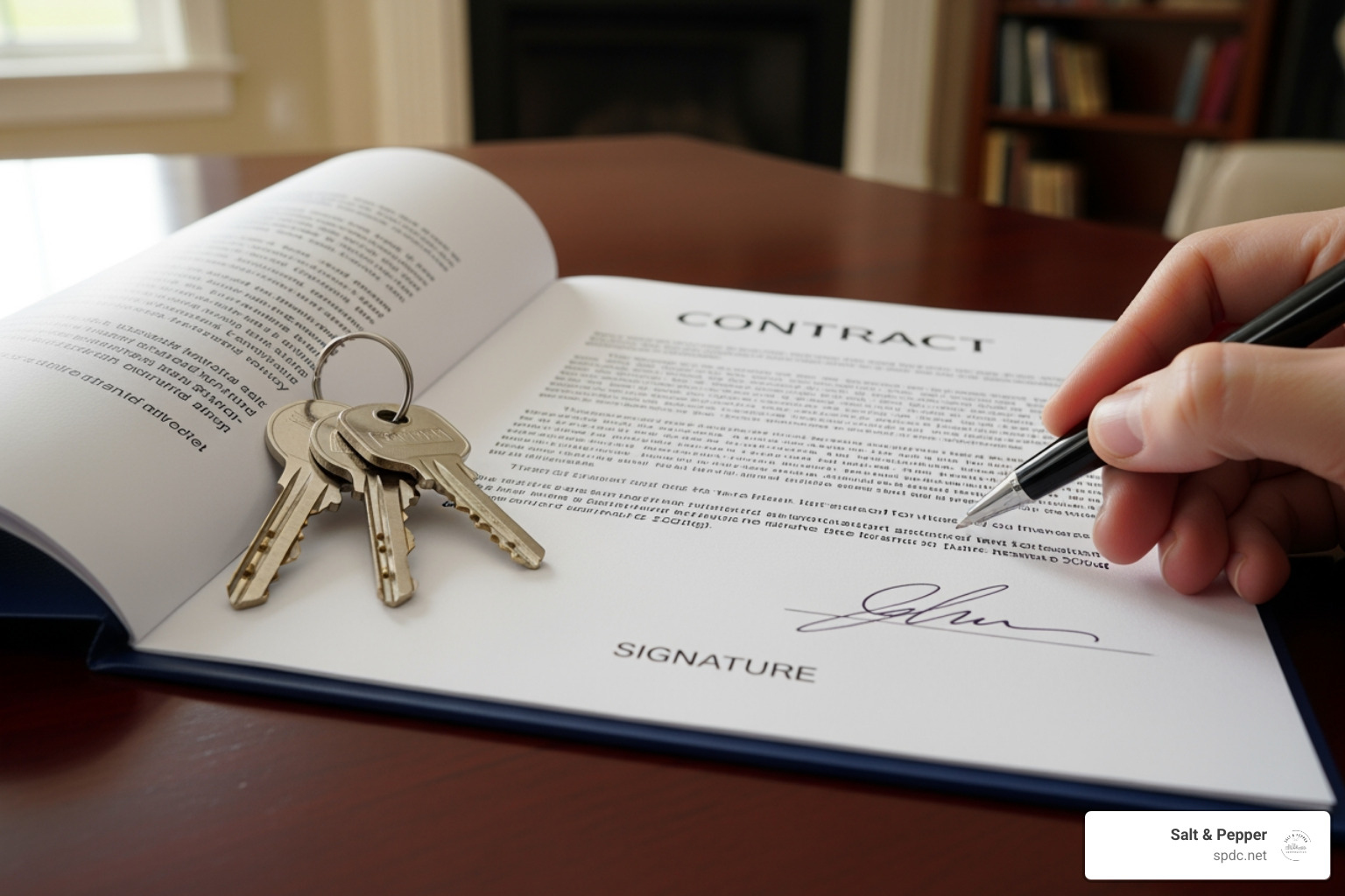 Close-up shot of a signed contract and a set of house keys - house renovation contractor Close-up shot of a signed contract and a set of house keys - house renovation contractor