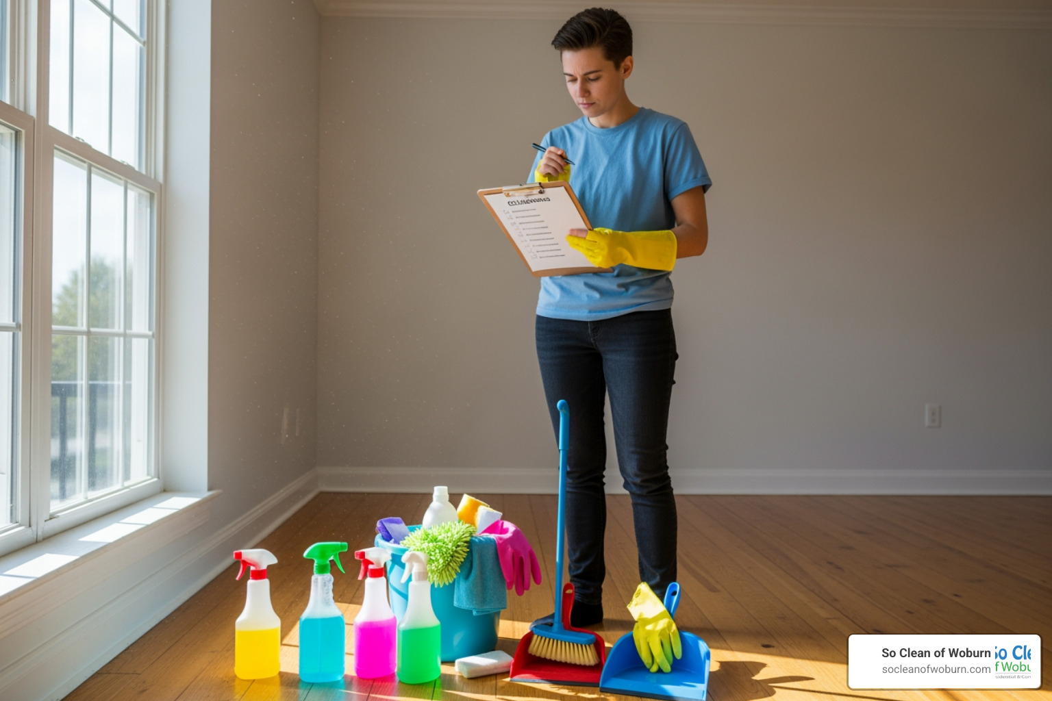 person with cleaning supplies looking at a checklist - Move out house cleaning person with cleaning supplies looking at a checklist - Move out house cleaning