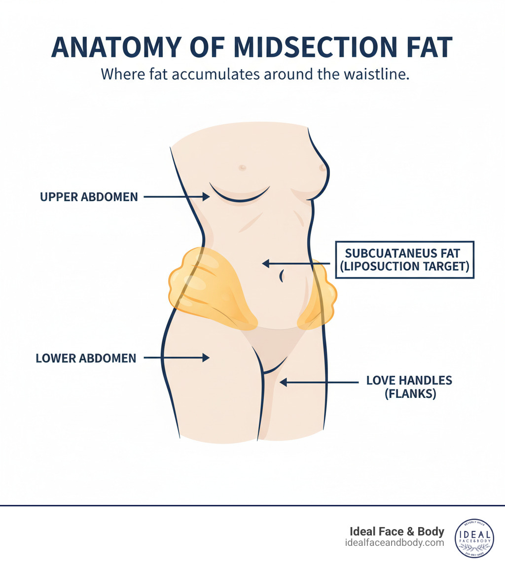 Infographic showing the anatomy of subcutaneous fat in the abdominal and flank areas, highlighting how fat deposits accumulate around the waistline between the hips, stomach, and back, with labels for love handles (flanks), upper abdomen, lower abdomen, and the layer of subcutaneous fat beneath the skin that liposuction targets - tummy/love handles liposuction infographic Infographic showing the anatomy of subcutaneous fat in the abdominal and flank areas, highlighting how fat deposits accumulate around the waistline between the hips, stomach, and back, with labels for love handles (flanks), upper abdomen, lower abdomen, and the layer of subcutaneous fat beneath the skin that liposuction targets - tummy/love handles liposuction infographic