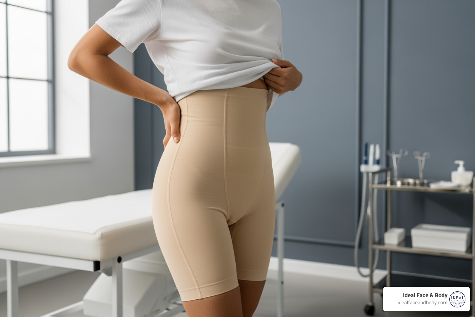 A patient wearing a beige compression garment around their waist and abdomen after liposuction, illustrating post-surgical care and support - tummy/love handles liposuction A patient wearing a beige compression garment around their waist and abdomen after liposuction, illustrating post-surgical care and support - tummy/love handles liposuction