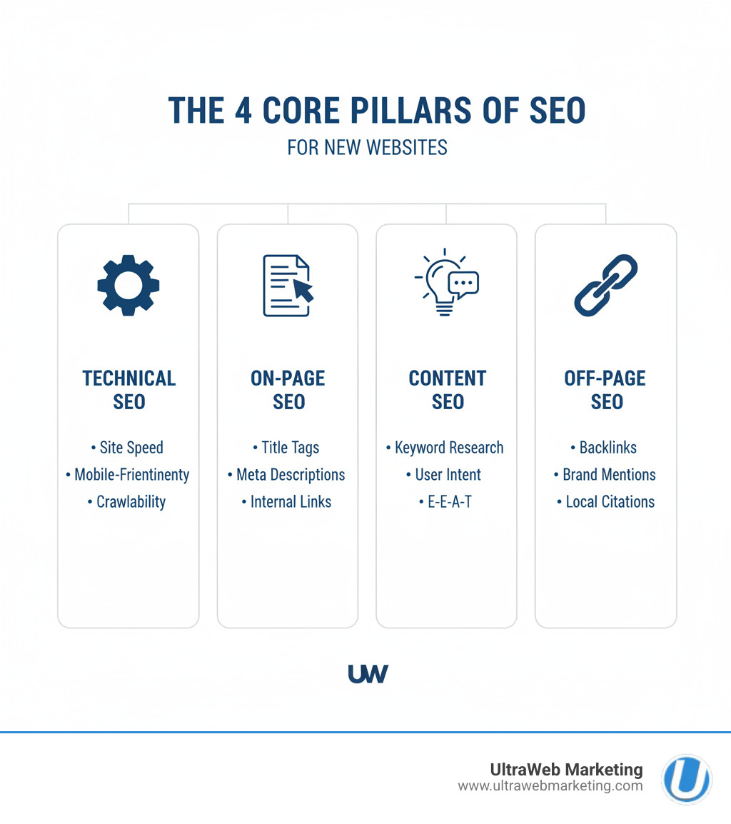 Infographic showing the four core pillars of SEO: Technical SEO (site speed, mobile-friendliness, crawlability), On-Page SEO (title tags, meta descriptions, internal links), Content SEO (keyword research, user intent, E-E-A-T), and Off-Page SEO (backlinks, brand mentions, local citations) - SEO for new websites infographic Infographic showing the four core pillars of SEO: Technical SEO (site speed, mobile-friendliness, crawlability), On-Page SEO (title tags, meta descriptions, internal links), Content SEO (keyword research, user intent, E-E-A-T), and Off-Page SEO (backlinks, brand mentions, local citations) - SEO for new websites infographic