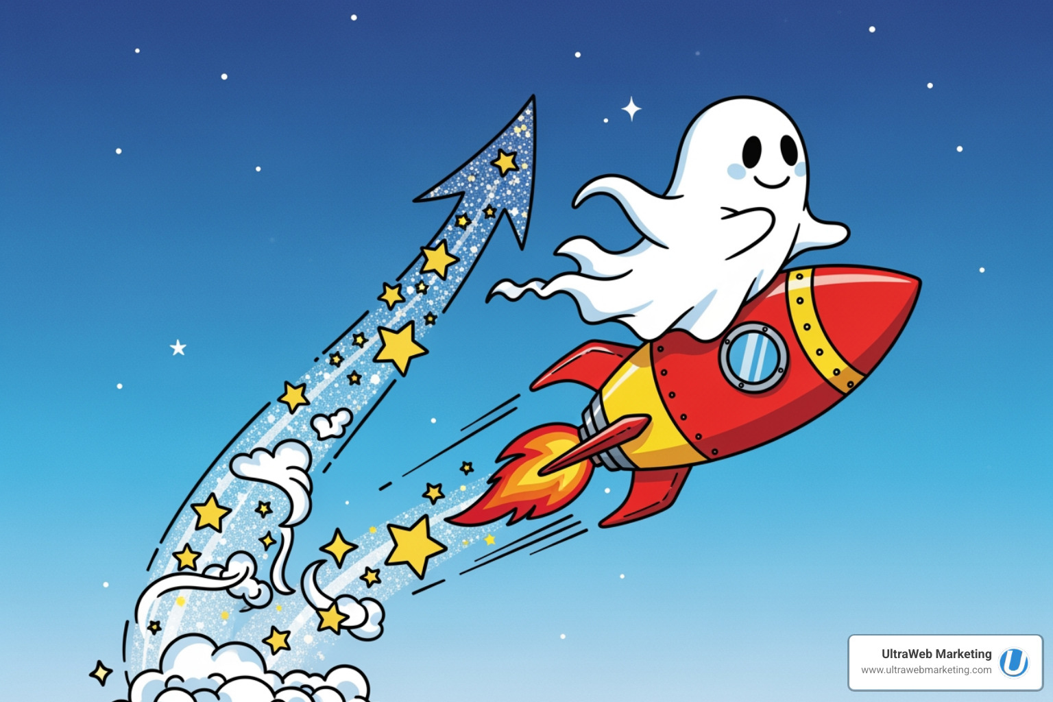 A ghost riding a rocket, symbolizing upward traffic growth - SEO for new websites A ghost riding a rocket, symbolizing upward traffic growth - SEO for new websites