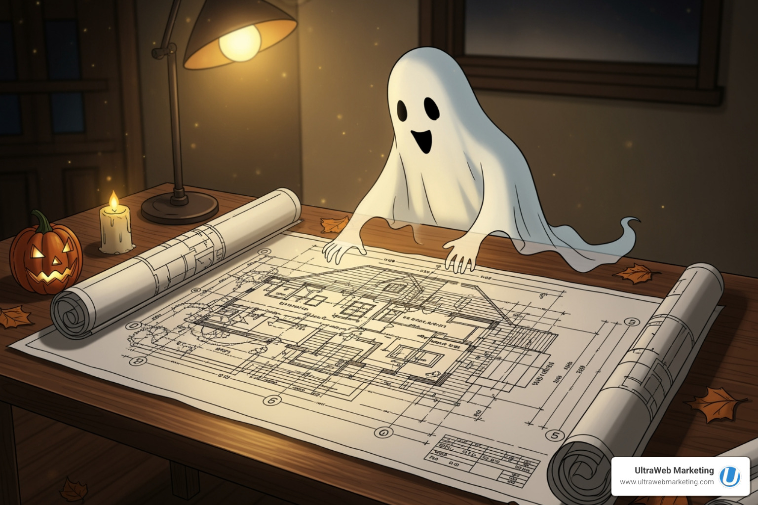A ghost-like figure overseeing a blueprint for a house labeled "Website Technical SEO" - SEO for new websites A ghost-like figure overseeing a blueprint for a house labeled "Website Technical SEO" - SEO for new websites
