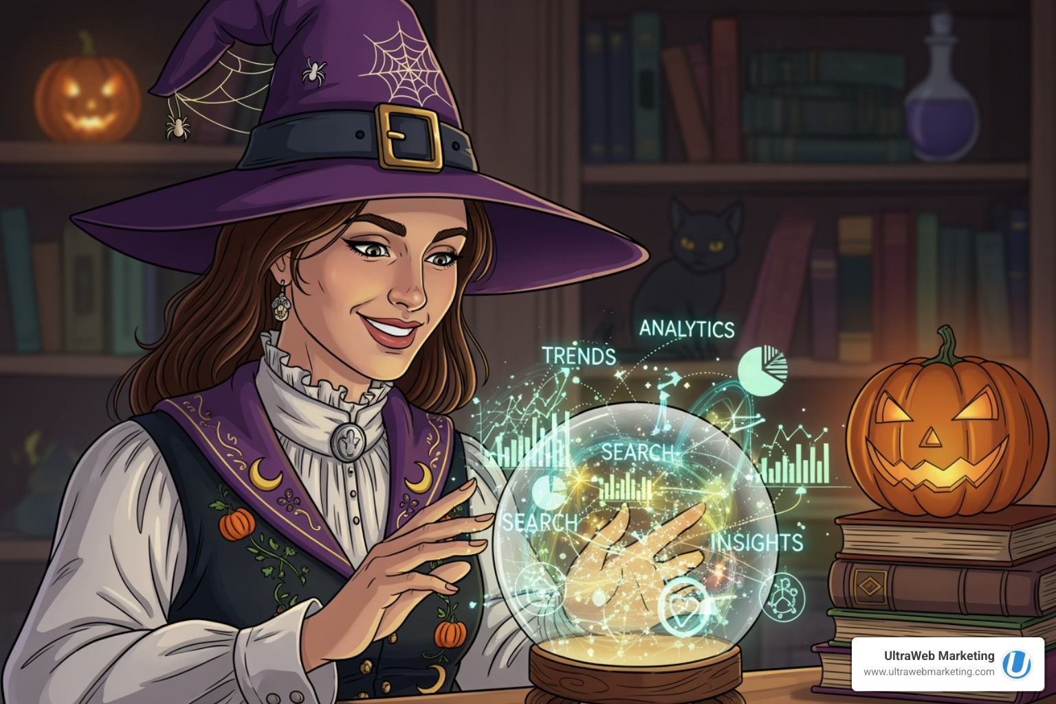 A witch looking into a crystal ball to find keywords - SEO for new websites A witch looking into a crystal ball to find keywords - SEO for new websites