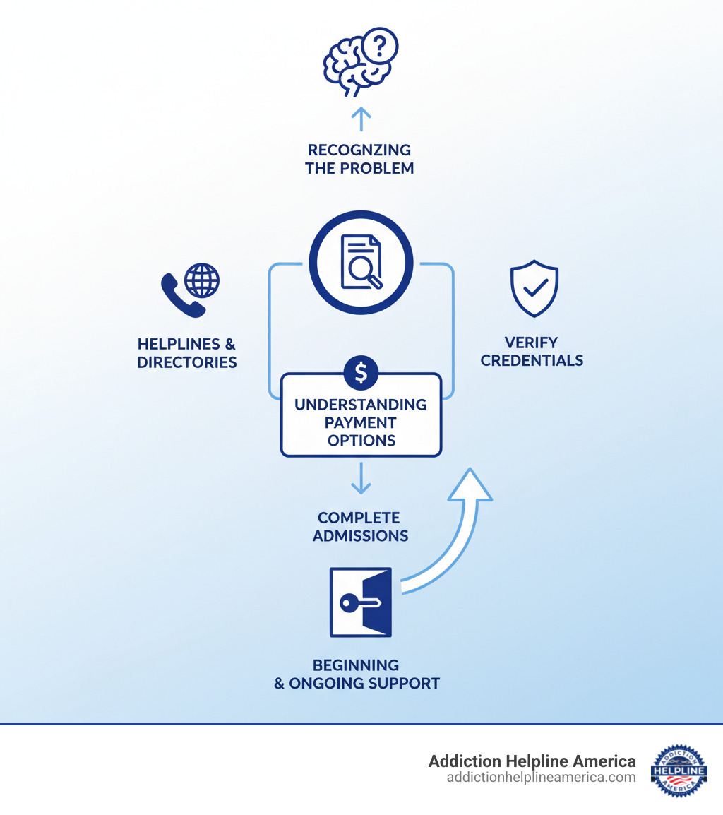 Infographic showing the path to find addiction rehabs: starting with recognizing the problem, moving through research and assessment, contacting helplines and directories, verifying facility credentials, understanding payment options, completing admissions, and beginning treatment with ongoing support - find addiction rehabs infographic 