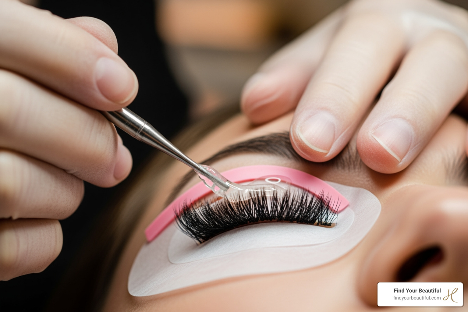 lash artist applying solution to a client's lashes on a silicone rod - elleebana lash lift