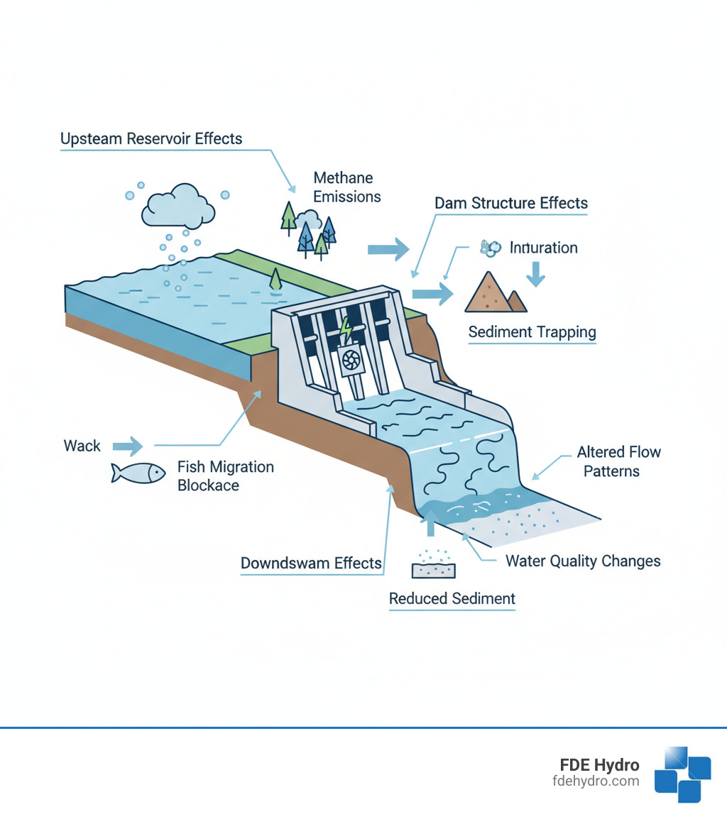 Infographic showing hydropower generation mechanism with labeled environmental impact zones including upstream reservoir effects (methane emissions, habitat inundation), dam structure effects (fish migration blockage, sediment trapping), and downstream effects (altered flow patterns, water quality changes, reduced sediment) - Hydropower environmental impact infographic 