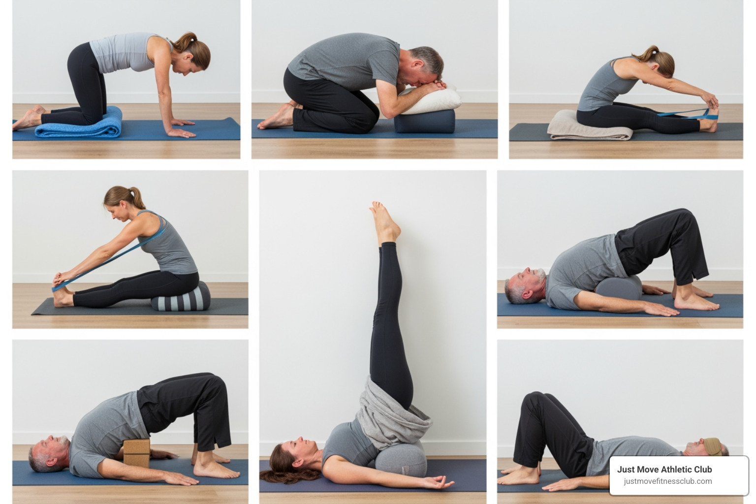 collage of beginner yoga poses: Cat-Cow Stretch, Child's Pose, Seated Forward Bend, Bridge Pose, Legs-Up-the-Wall, and Savasana with modifications - yoga for middle aged beginners collage of beginner yoga poses: Cat-Cow Stretch, Child's Pose, Seated Forward Bend, Bridge Pose, Legs-Up-the-Wall, and Savasana with modifications - yoga for middle aged beginners