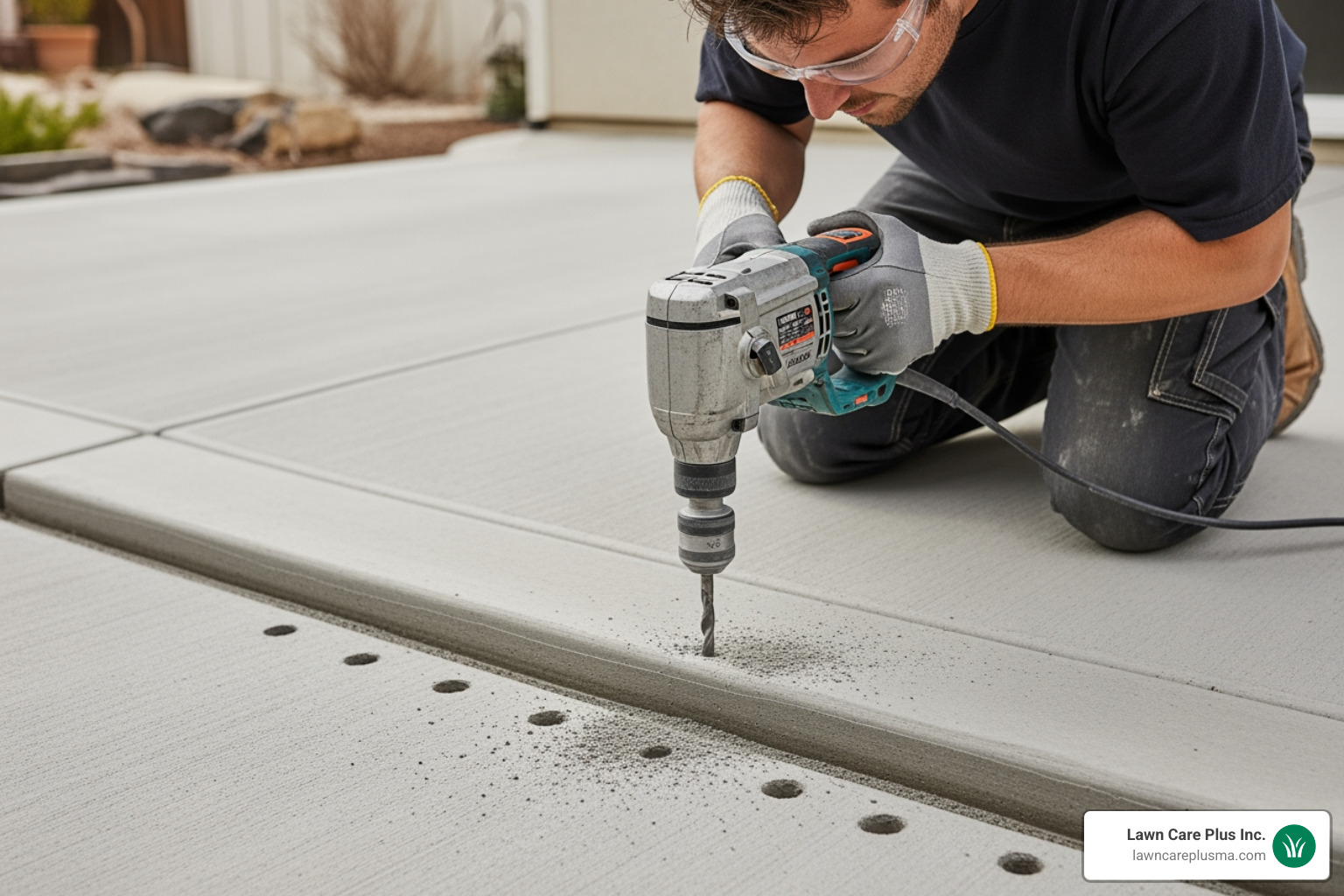 Image of a person drilling small weep holes in the low spots of a concrete patio - installing pavers over concrete patio