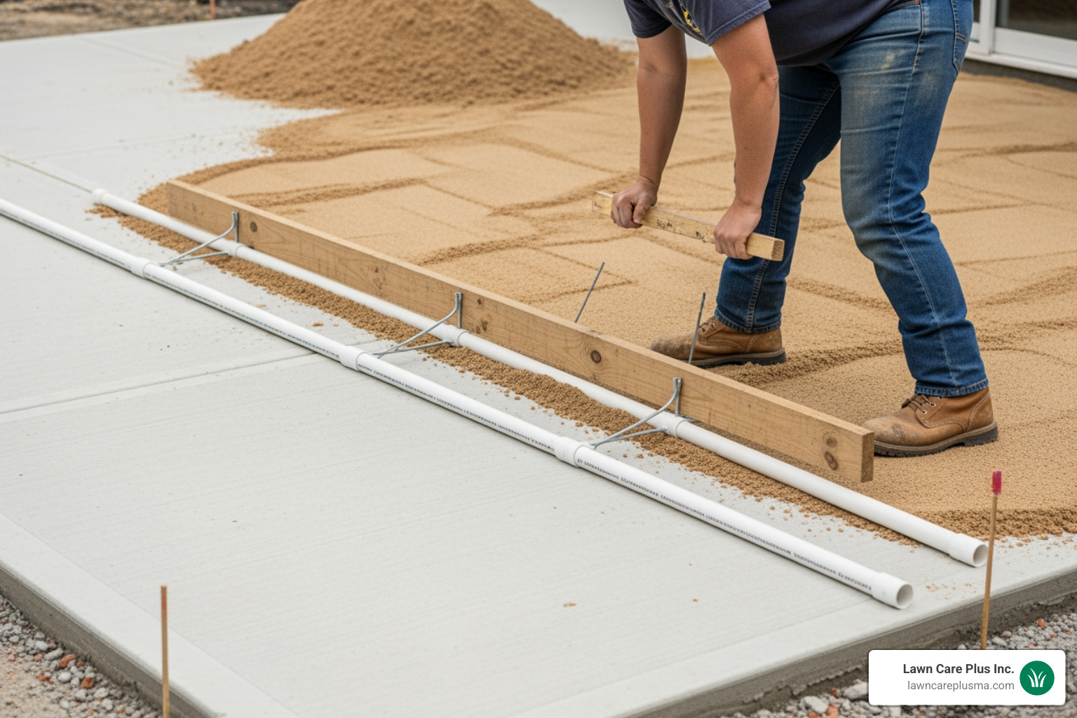 Image of screeding sand over the concrete using a straight board and pipes - installing pavers over concrete patio