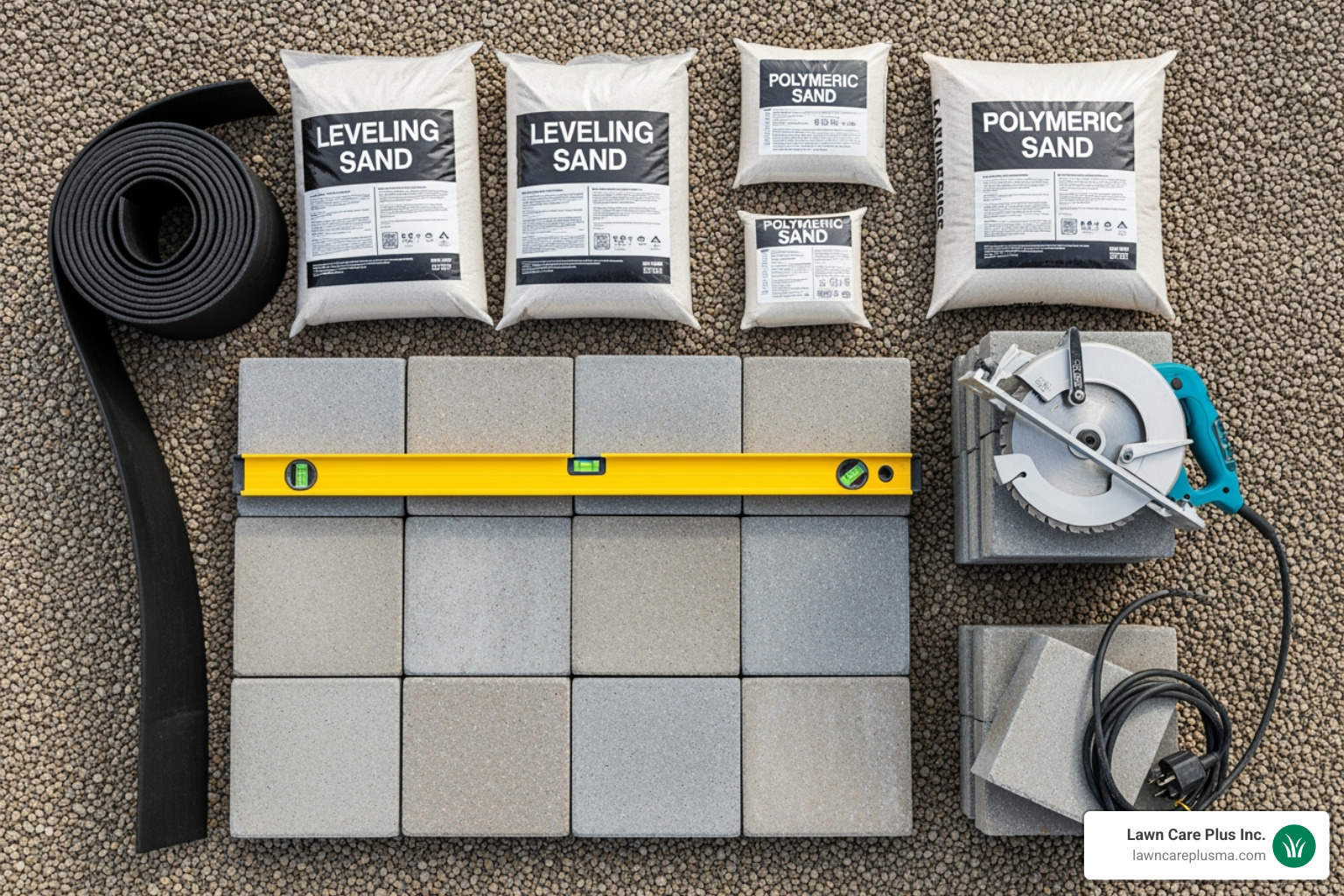 Image of all necessary tools and materials laid out, such as pavers, sand, edging, level, and saw - installing pavers over concrete patio