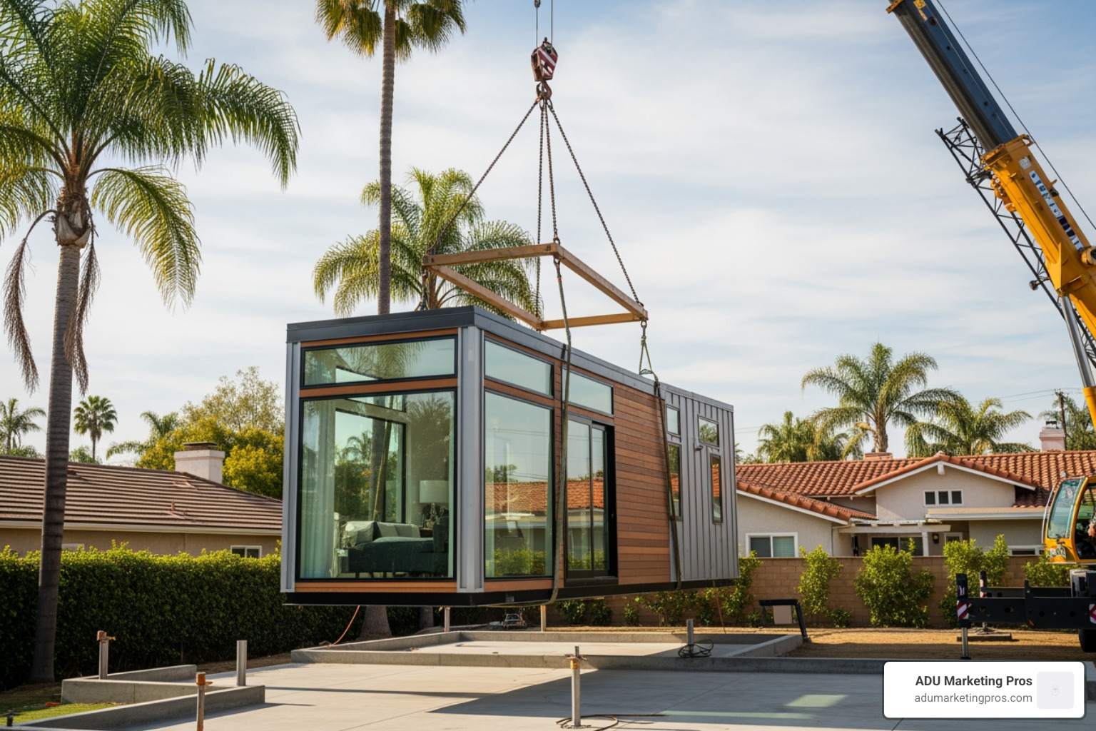sleek, modular tiny home being delivered to a residential property in Los Angeles. - tiny homes Los Angeles