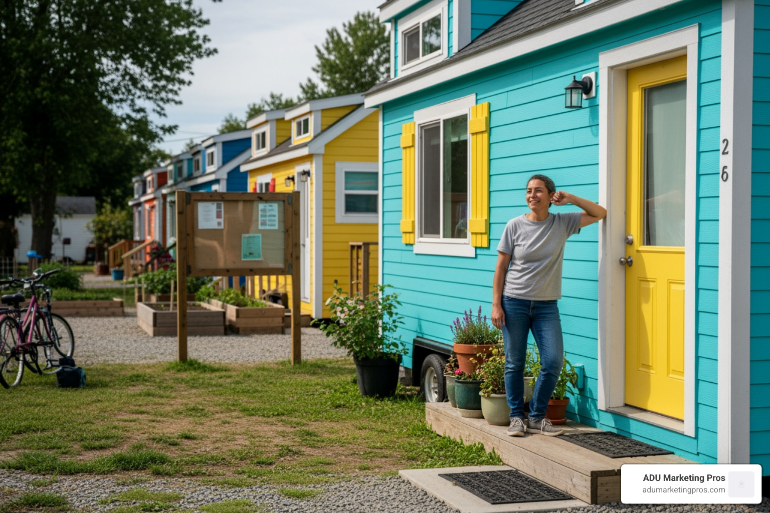a resident standing outside their tiny home unit, showing a more candid, day-in-the-life perspective. - tiny homes Los Angeles