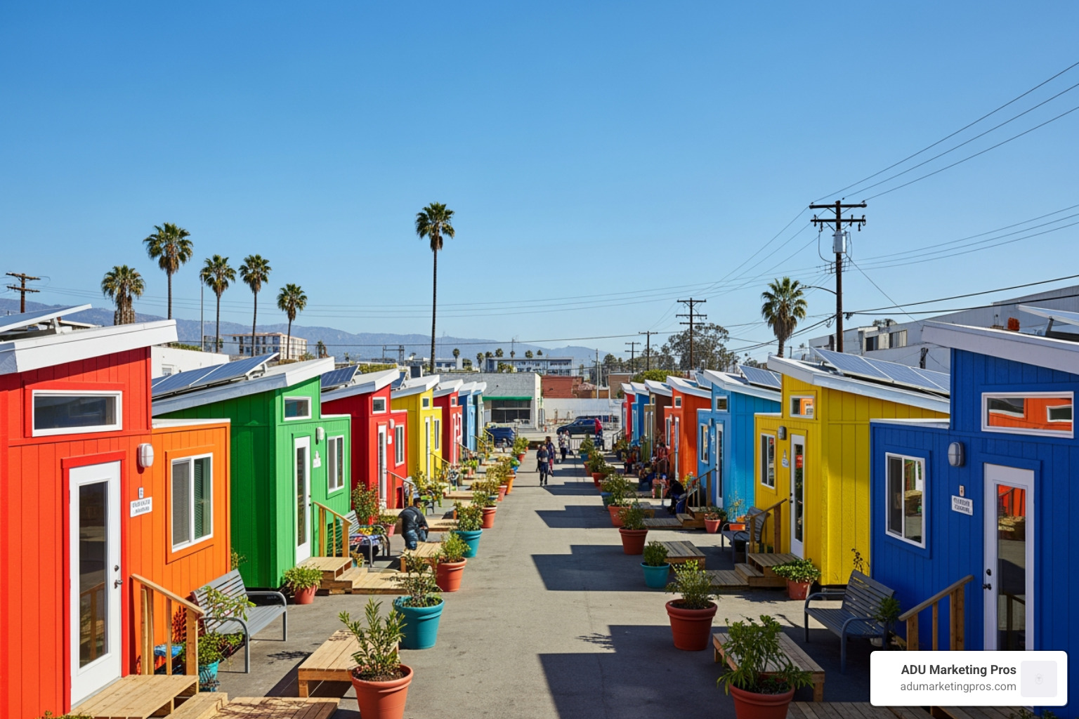 the brightly colored Pallet shelters at the award-winning Chandler Boulevard Tiny Home Village. - tiny homes Los Angeles