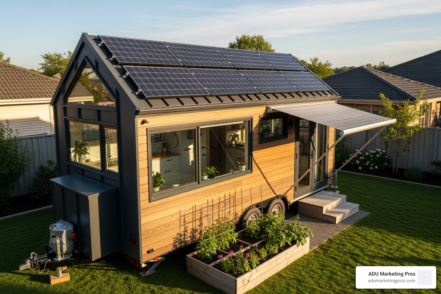 unique, self-sustainable tiny home designed for a student, parked in a residential backyard. - tiny homes Los Angeles