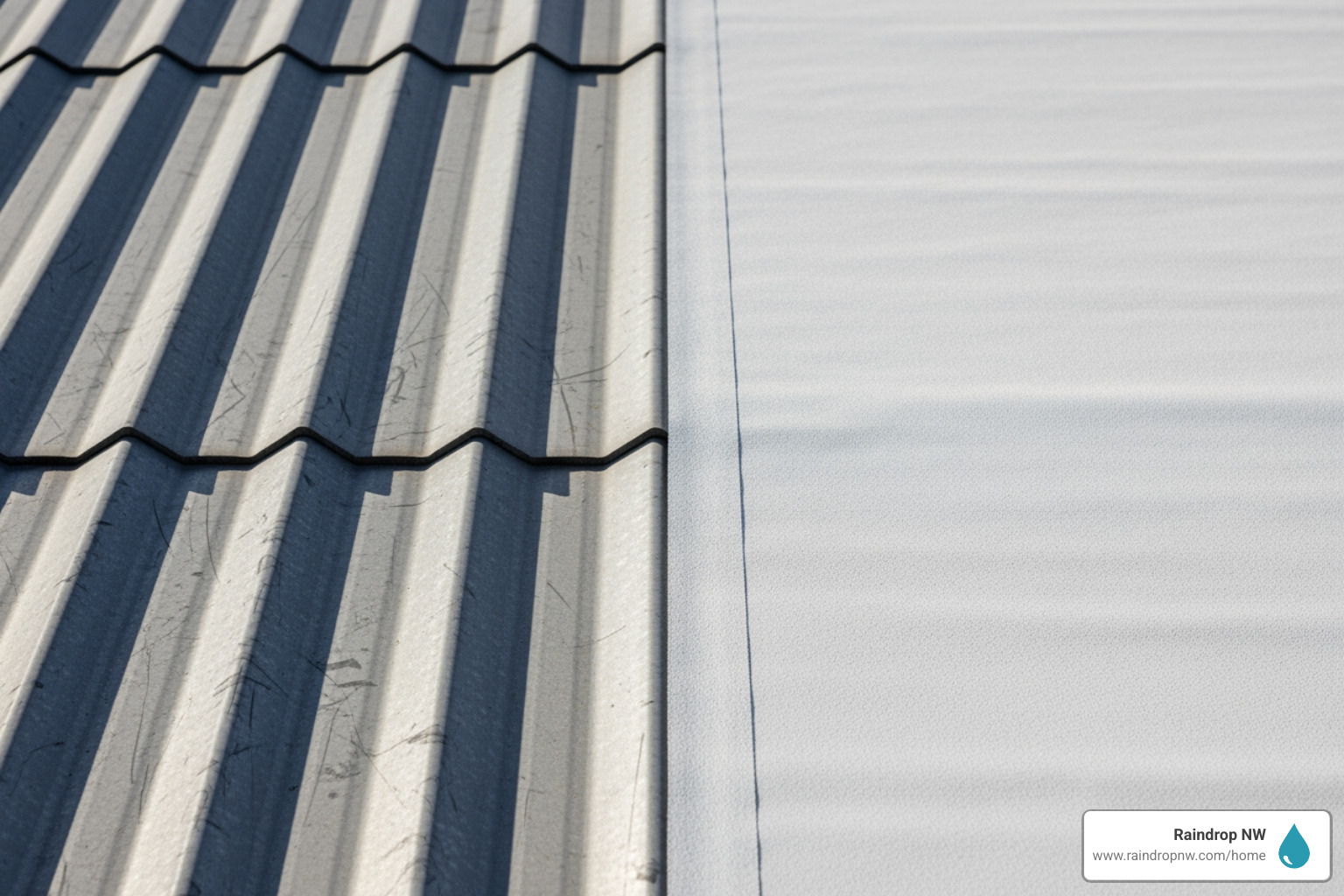 side-by-side comparison of metal and TPO roofing textures - metal roof commercial new and replacement roofs in gresham or side-by-side comparison of metal and TPO roofing textures - metal roof commercial new and replacement roofs in gresham or
