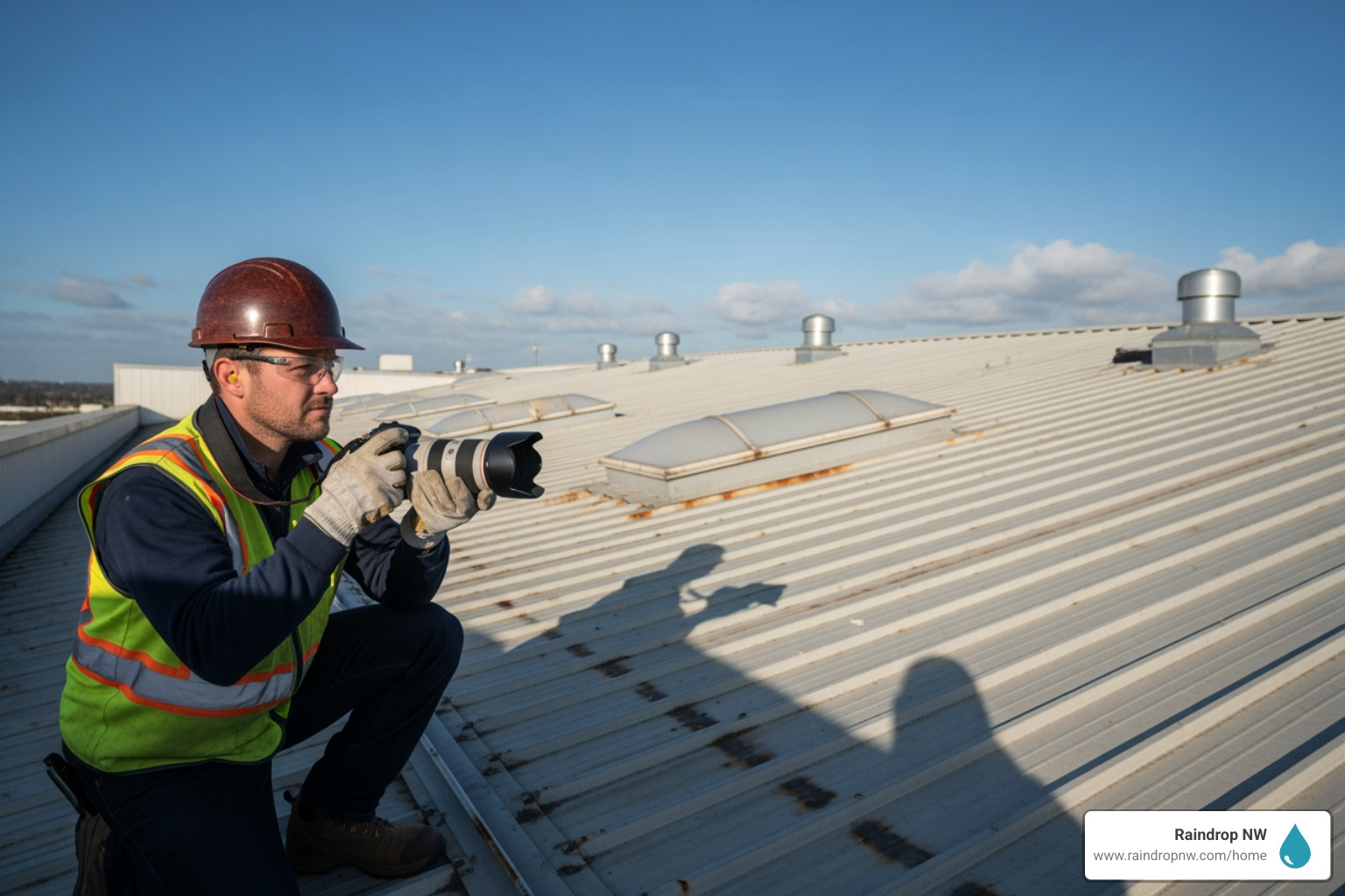professional performing a roof inspection on a commercial metal roof - metal roof commercial new and replacement roofs in gresham or professional performing a roof inspection on a commercial metal roof - metal roof commercial new and replacement roofs in gresham or