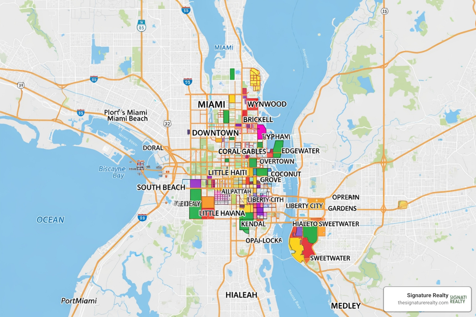 map highlighting key investment neighborhoods in Miami, Doral, Hialeah, and Medley - Investment property Miami map highlighting key investment neighborhoods in Miami, Doral, Hialeah, and Medley - Investment property Miami