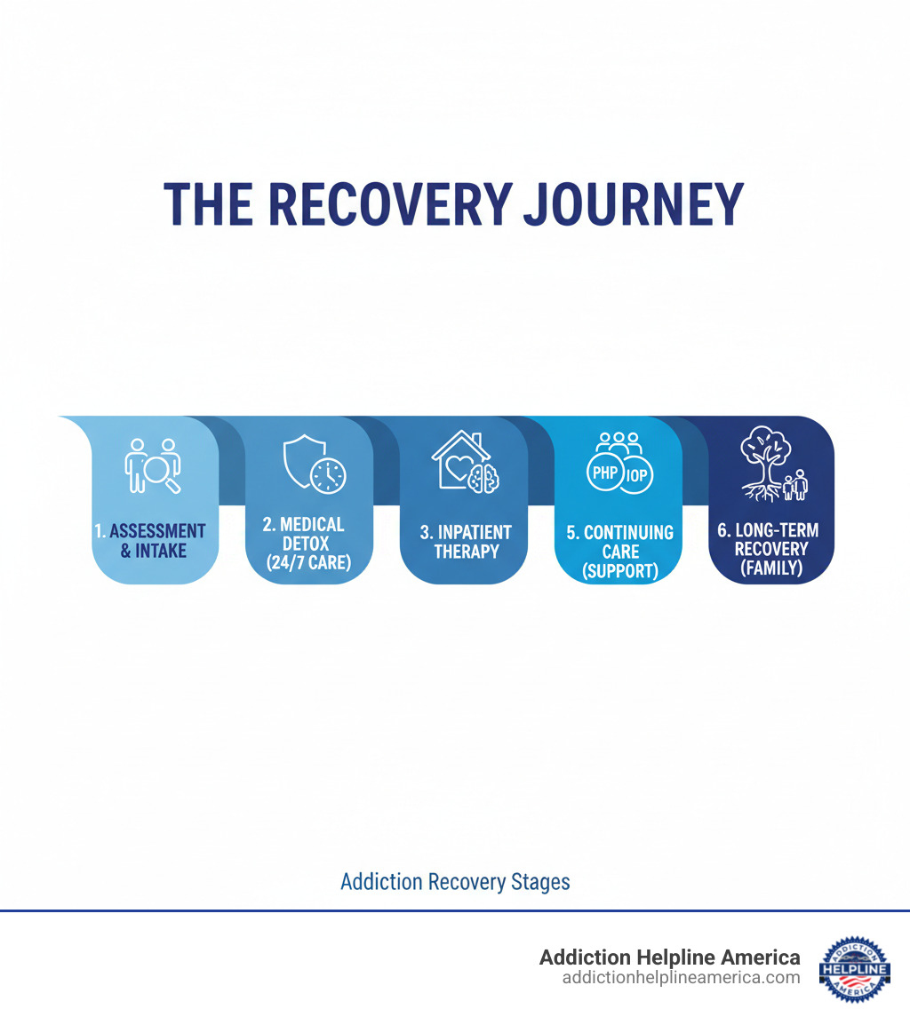 Infographic showing the addiction recovery journey stages: Assessment and intake, Medical detoxification with 24/7 supervision, Inpatient or residential treatment with intensive therapy, Outpatient programs including PHP and IOP, Continuing care with alumni programs and peer support, and Long-term recovery with sober living and family involvement - Addiction treatment Georgia infographic 