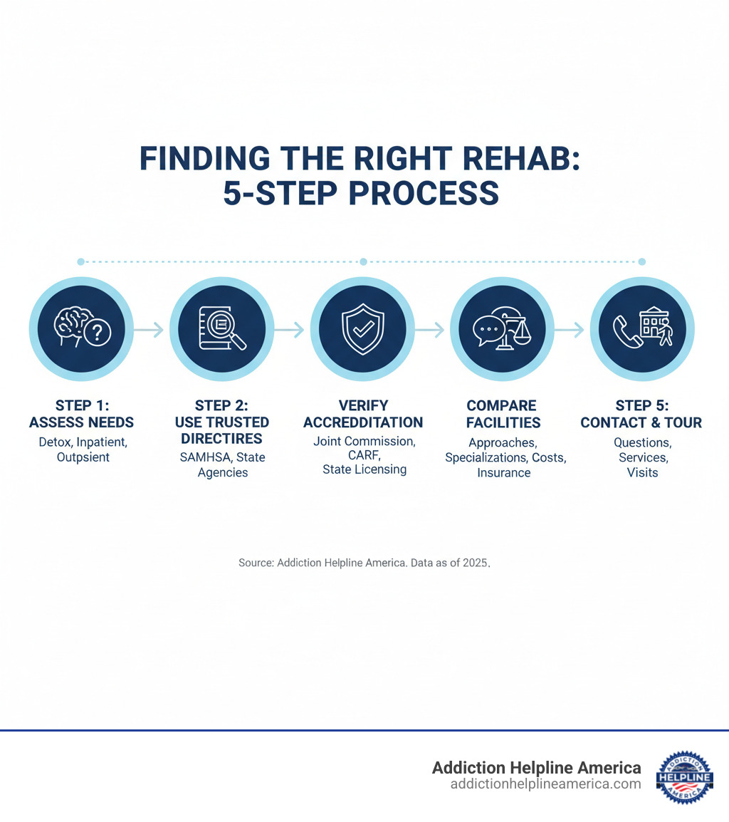 Infographic showing the 5-step process: Step 1 - Assess your needs (detox, inpatient, outpatient), Step 2 - Use trusted directories (SAMHSA, state agencies), Step 3 - Verify accreditation (Joint Commission, CARF, state licensing), Step 4 - Compare facilities (treatment approaches, specializations, costs, insurance), Step 5 - Contact and tour facilities (ask questions, verify current services, schedule visits) - help me find a good rehab center near me infographic Infographic showing the 5-step process: Step 1 - Assess your needs (detox, inpatient, outpatient), Step 2 - Use trusted directories (SAMHSA, state agencies), Step 3 - Verify accreditation (Joint Commission, CARF, state licensing), Step 4 - Compare facilities (treatment approaches, specializations, costs, insurance), Step 5 - Contact and tour facilities (ask questions, verify current services, schedule visits) - help me find a good rehab center near me infographic