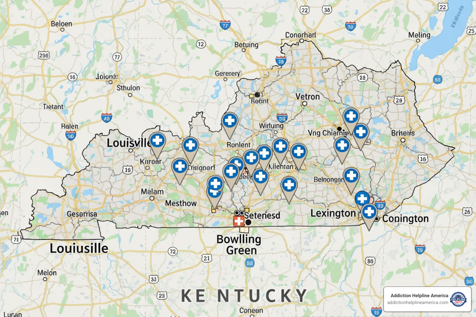 map of Kentucky highlighting the locations of key recovery centers - Rehab centers Kentucky map of Kentucky highlighting the locations of key recovery centers - Rehab centers Kentucky