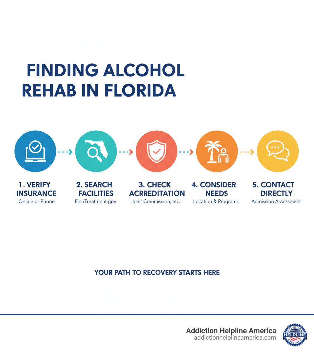 Infographic showing 5 steps to finding alcohol rehab in Florida: 1) Verify insurance coverage online or by phone, 2) Search state-licensed facilities through FindTreatment.gov, 3) Check accreditation from Joint Commission or similar bodies, 4) Consider location and specialized programs for your needs, 5) Contact facilities directly for admission assessment - where can i find alcohol rehab in florida infographic Infographic showing 5 steps to finding alcohol rehab in Florida: 1) Verify insurance coverage online or by phone, 2) Search state-licensed facilities through FindTreatment.gov, 3) Check accreditation from Joint Commission or similar bodies, 4) Consider location and specialized programs for your needs, 5) Contact facilities directly for admission assessment - where can i find alcohol rehab in florida infographic