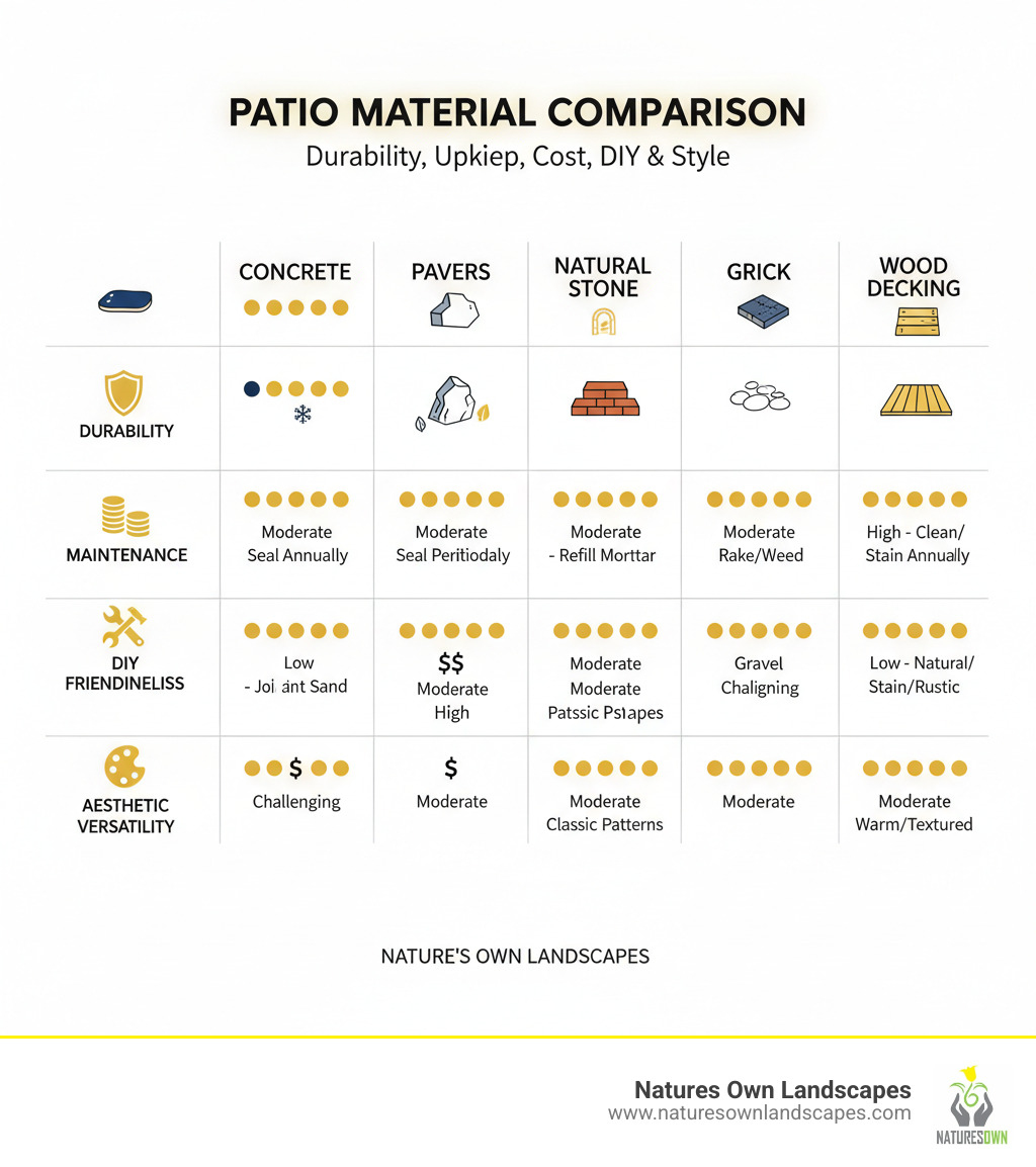 infographic comparing concrete, pavers, natural stone, brick, gravel, and wood on durability, maintenance needs, cost level, DIY friendliness, and aesthetic versatility - best patio material infographic 