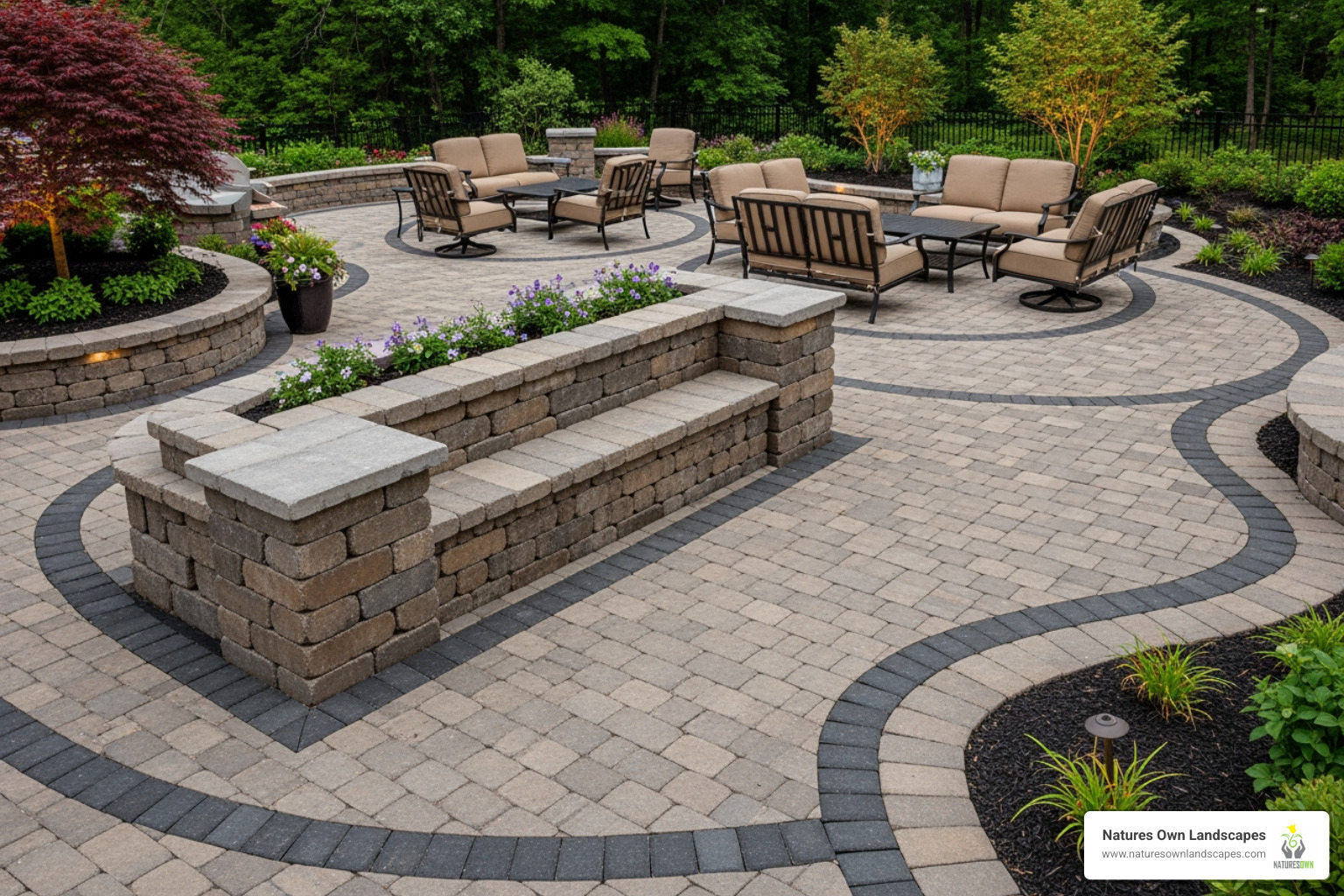 intricate paver patio with seating wall - best patio material