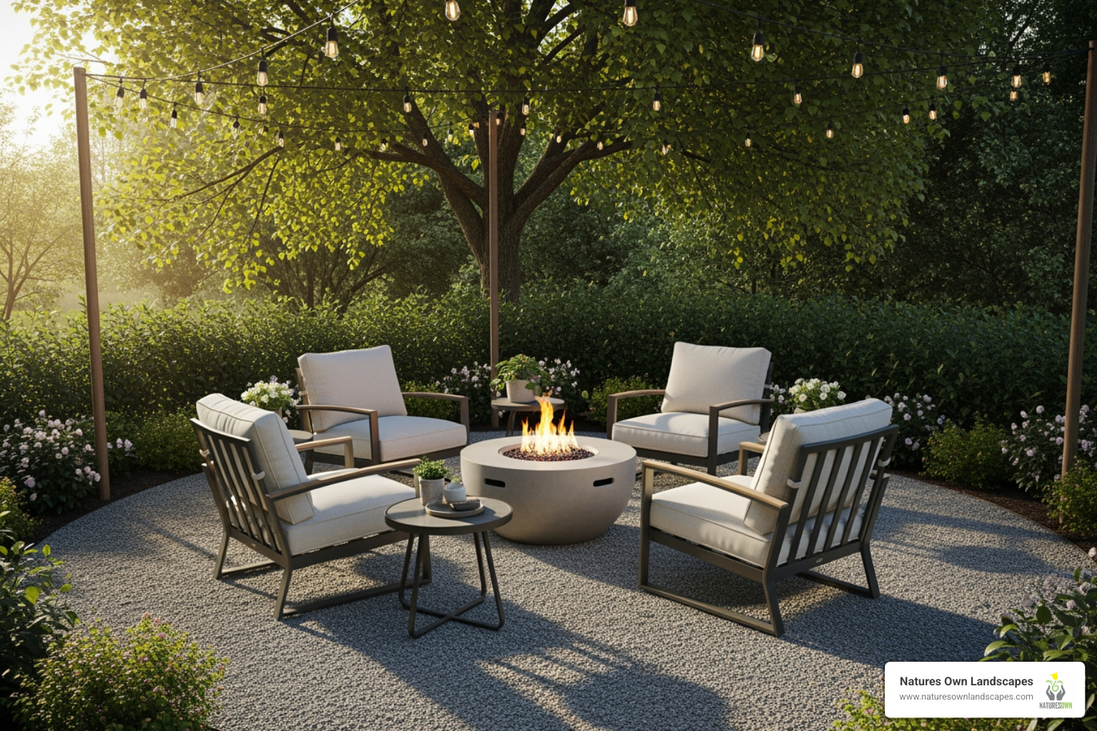 pea gravel patio with fire pit - best patio material