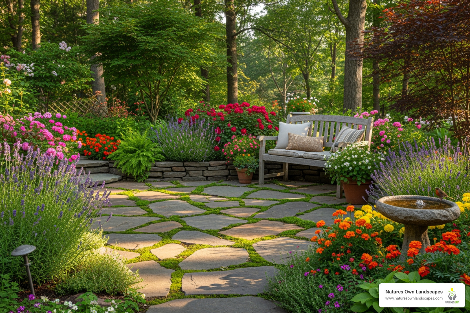 rustic flagstone patio surrounded by garden - best patio material