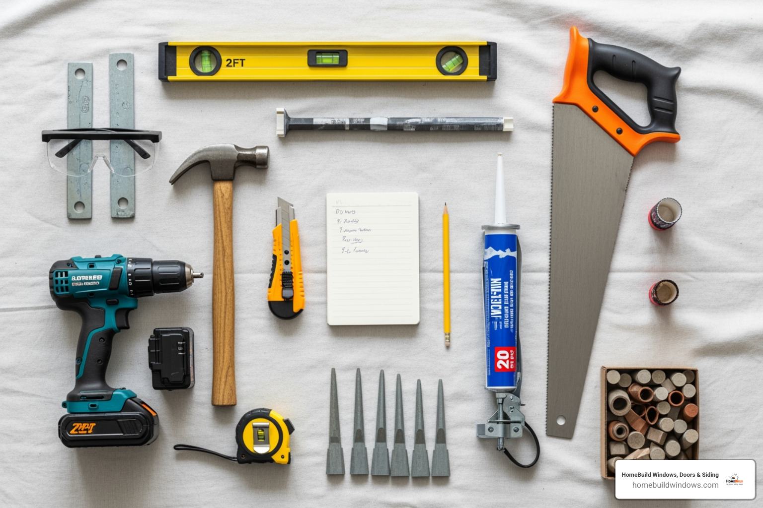 all necessary tools and materials neatly laid out on a drop cloth - patio french door installation