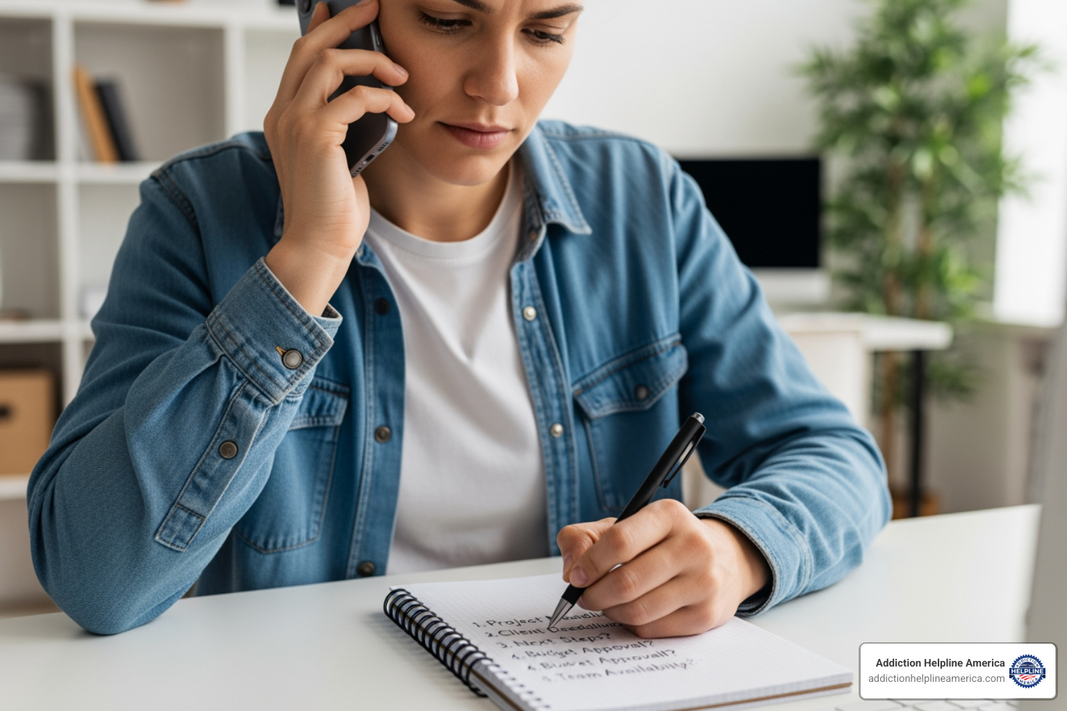 A person on the phone, taking notes with a list of questions to ask potential rehab centers - finding a rehab centre A person on the phone, taking notes with a list of questions to ask potential rehab centers - finding a rehab centre