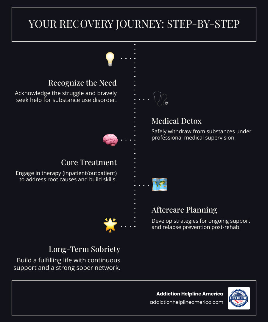 infographic showing the recovery journey from recognizing the problem through detox, treatment, aftercare, and long-term sobriety with key milestones and support resources at each stage - find addiction rehab infographic infographic-line-5-steps-dark
