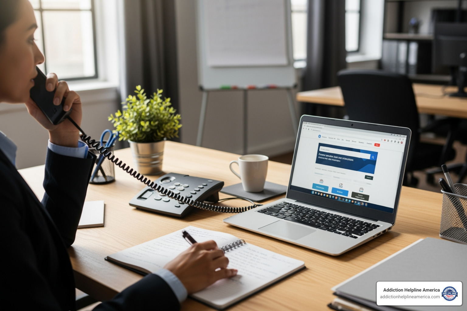 person on phone, writing notes on a pad with laptop open to search page - how to find rehab programs that accept insurance