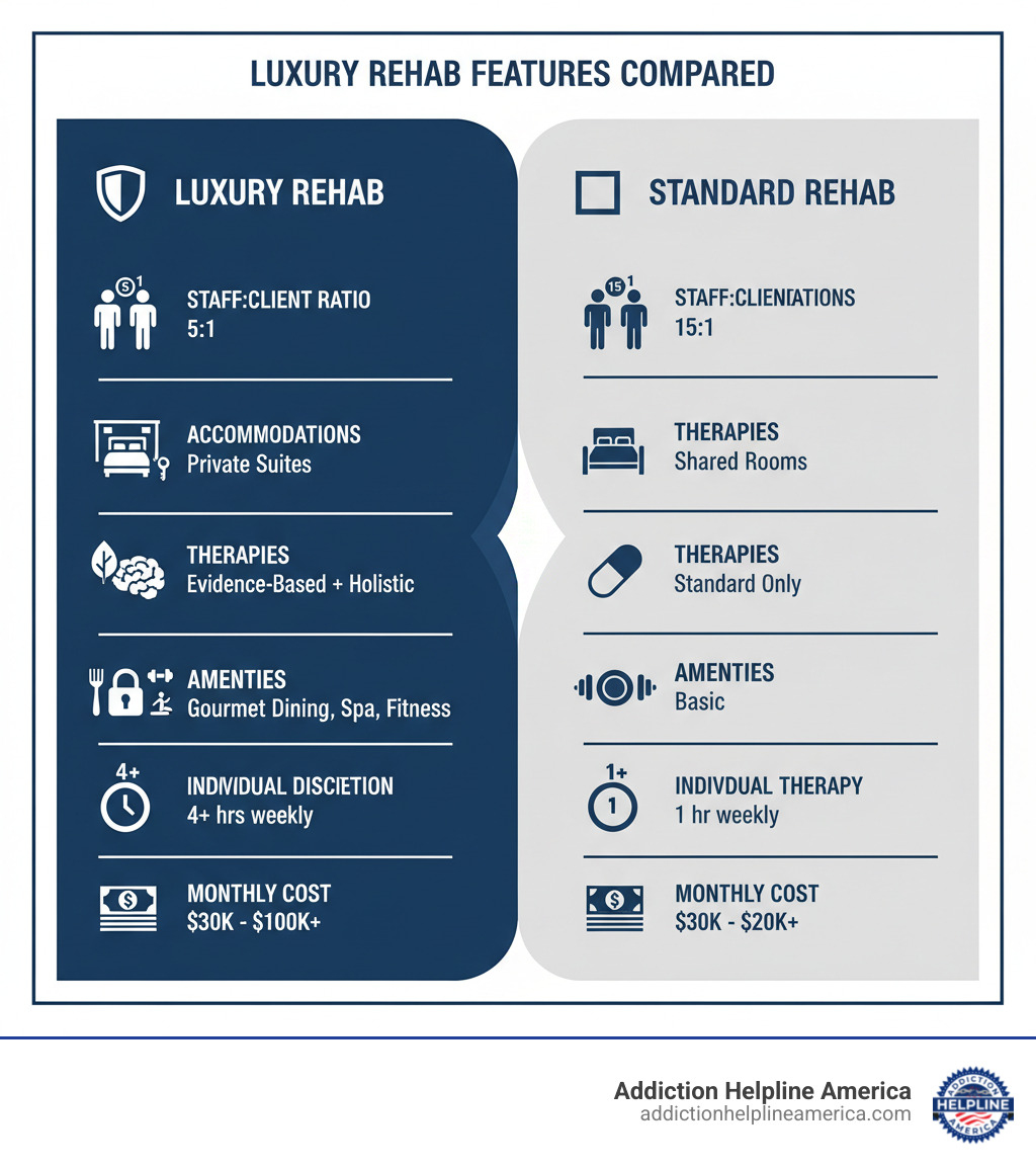 Infographic comparing luxury rehab features: staff-to-client ratios (5:1 vs 15:1), accommodations (private suites vs shared rooms), therapies (evidence-based plus holistic vs standard only), amenities (gourmet dining, spa, fitness vs basic), privacy levels (maximum discretion vs standard), individual therapy hours (4+ weekly vs 1), and typical monthly costs ($30k-$100k+ vs $5k-$20k) - luxury rehab finder infographic 