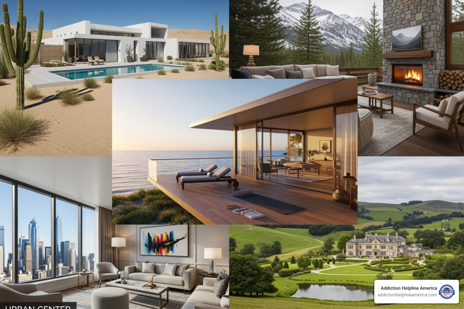 collage showcasing different environments of rehab archetypes - luxury rehab finder