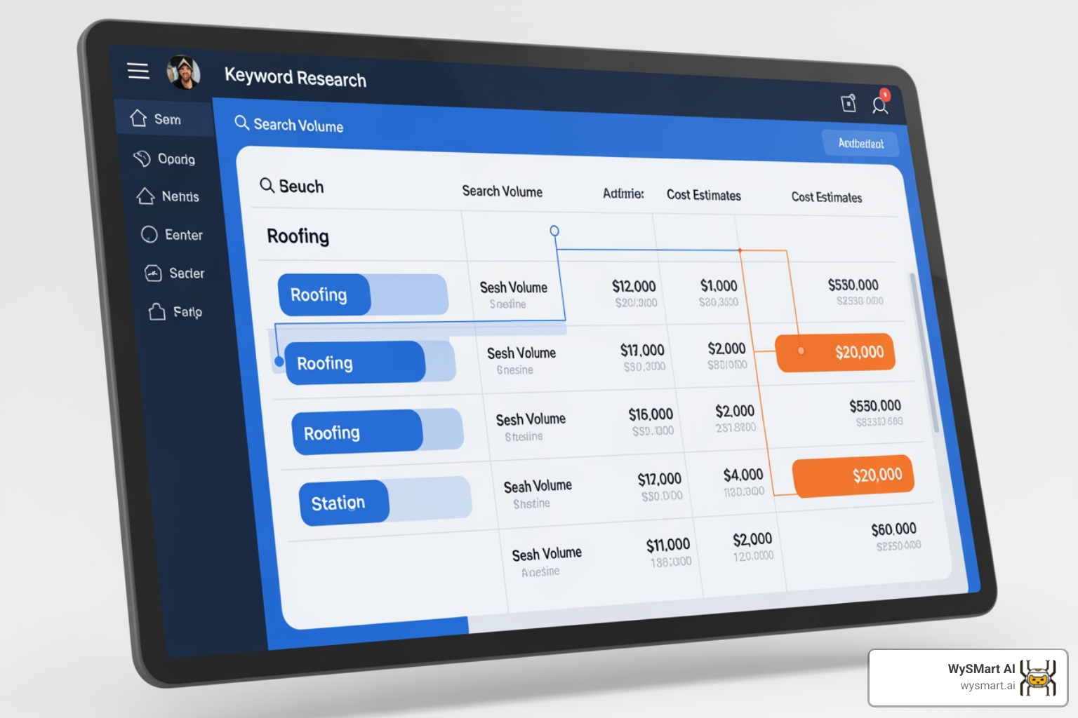 Google Keyword Planner tool showing roofing-related keywords like "roof repair", "new roof cost", "emergency roofer", with search volumes and CPC estimates. - Google Ads for roofers