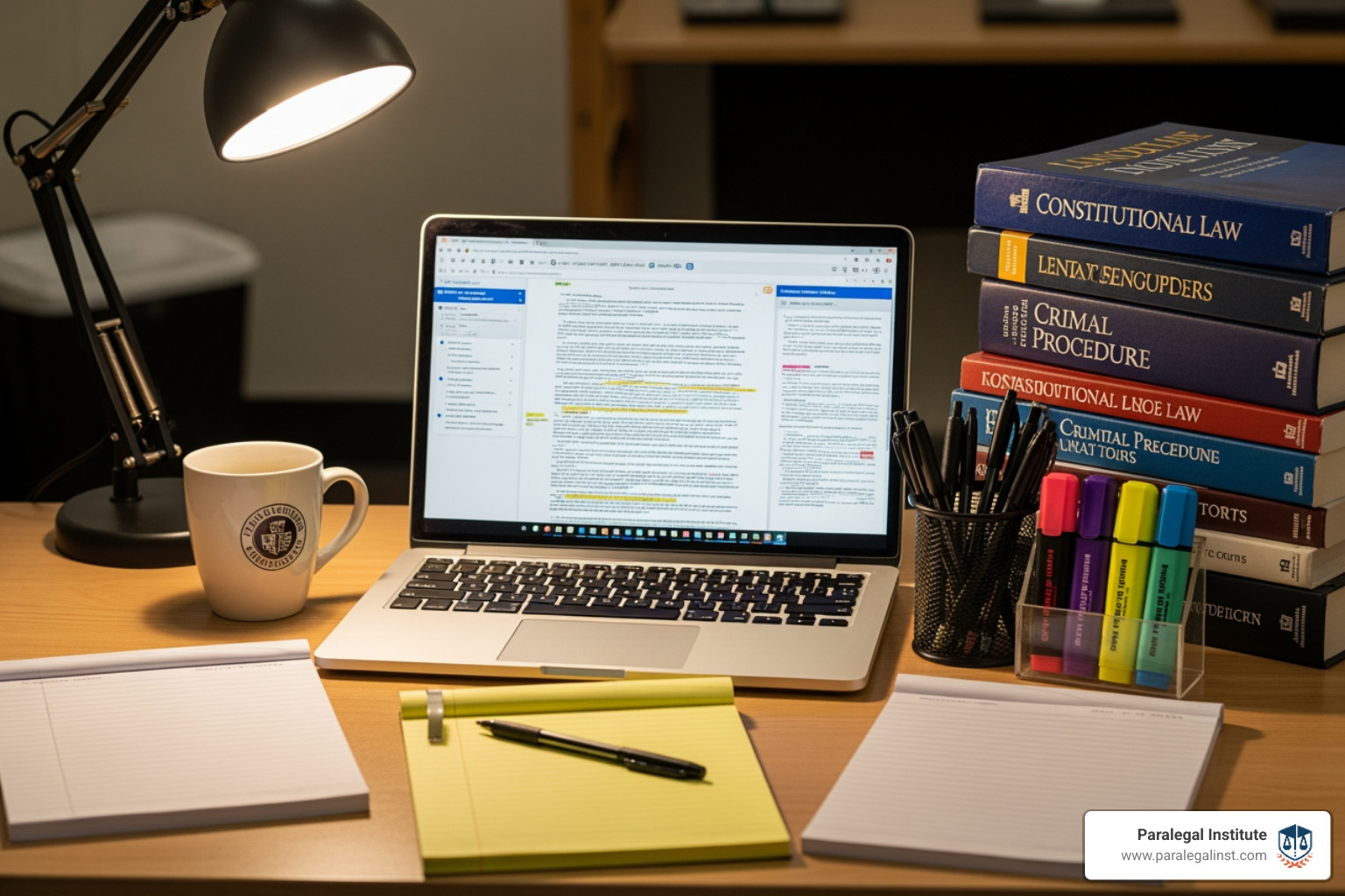 A student's desk with a laptop displaying legal documents, a stack of legal textbooks, and various office supplies like pens, highlighters, and legal pads, illustrating the typical materials needed for study. - how much is a paralegal certificate program A student's desk with a laptop displaying legal documents, a stack of legal textbooks, and various office supplies like pens, highlighters, and legal pads, illustrating the typical materials needed for study. - how much is a paralegal certificate program