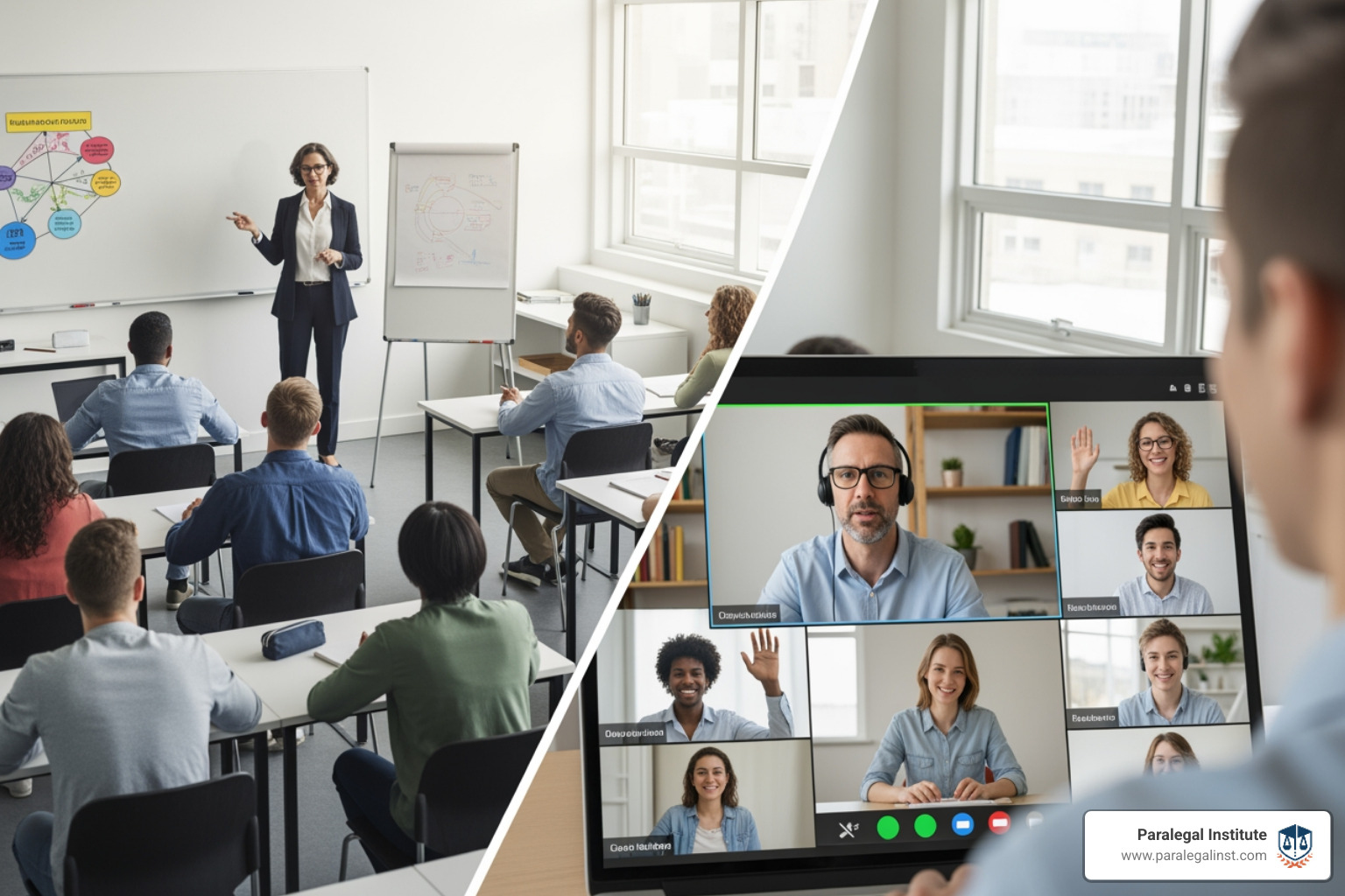 A split screen showing an in-person classroom with students and an instructor, and a live online class with students interacting via video conference. - how much is a paralegal certificate program A split screen showing an in-person classroom with students and an instructor, and a live online class with students interacting via video conference. - how much is a paralegal certificate program