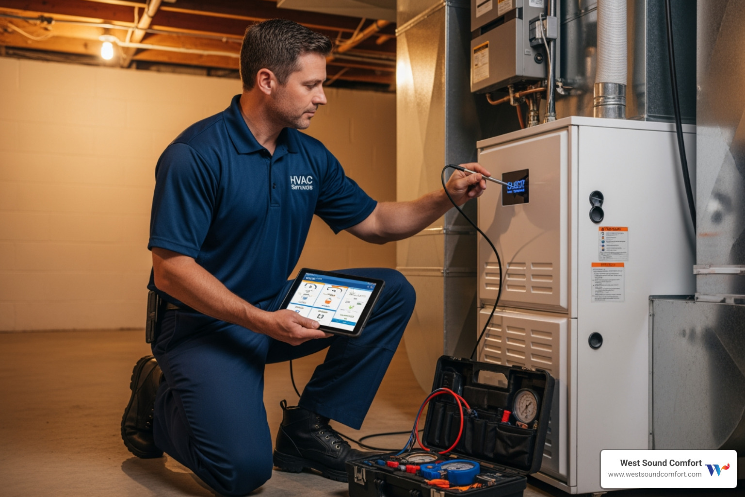 Image of a technician performing a diagnostic on a modern furnace - certified furnace technician in kingston, wa