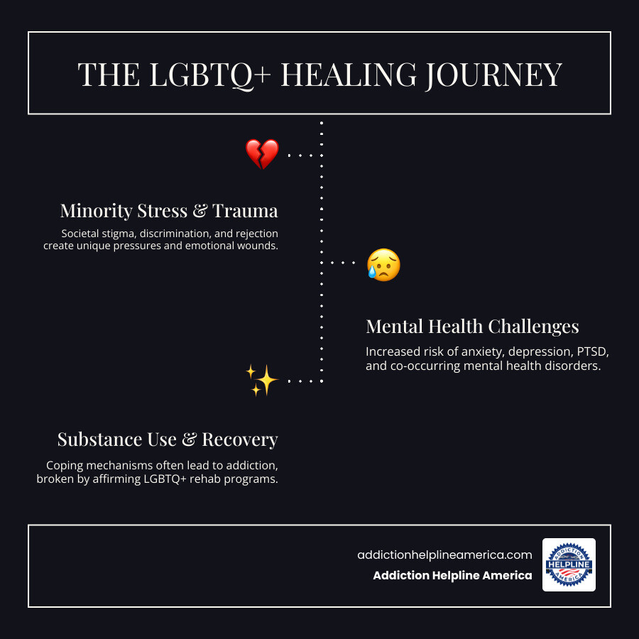 infographic showing the cycle of minority stress leading to mental health challenges and substance use, with specialized LGBTQ+ rehab programs breaking the cycle through trauma-informed care, peer support, and integrated mental health treatment - LGBTQ+ rehab programs infographic infographic-line-3-steps-dark