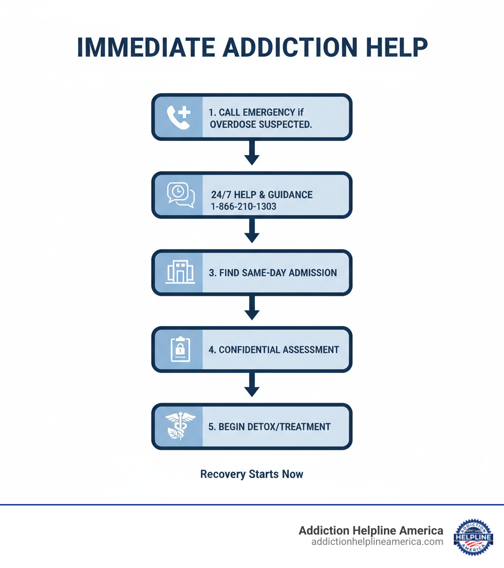 infographic showing 5 steps: 1. Call emergency services if overdose suspected 2. Contact 24/7 addiction helpline for guidance 3. Find facilities offering same-day admission 4. Complete confidential assessment 5. Begin medical detox or treatment immediately - Immediate addiction help infographic 